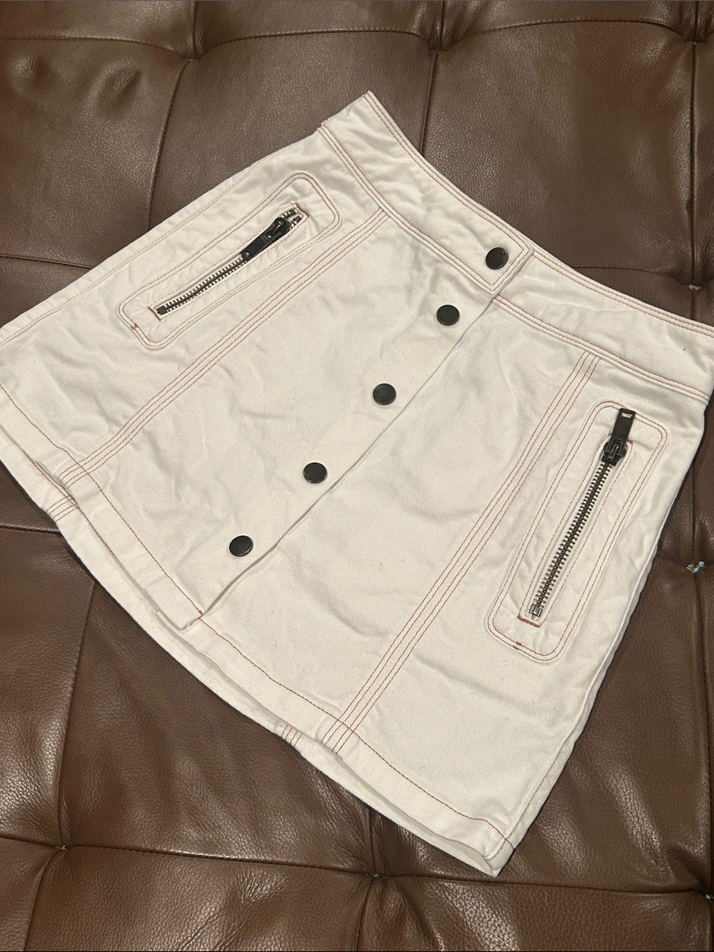 Reiss Cream Mini Skirt with Button & Zipper Details
